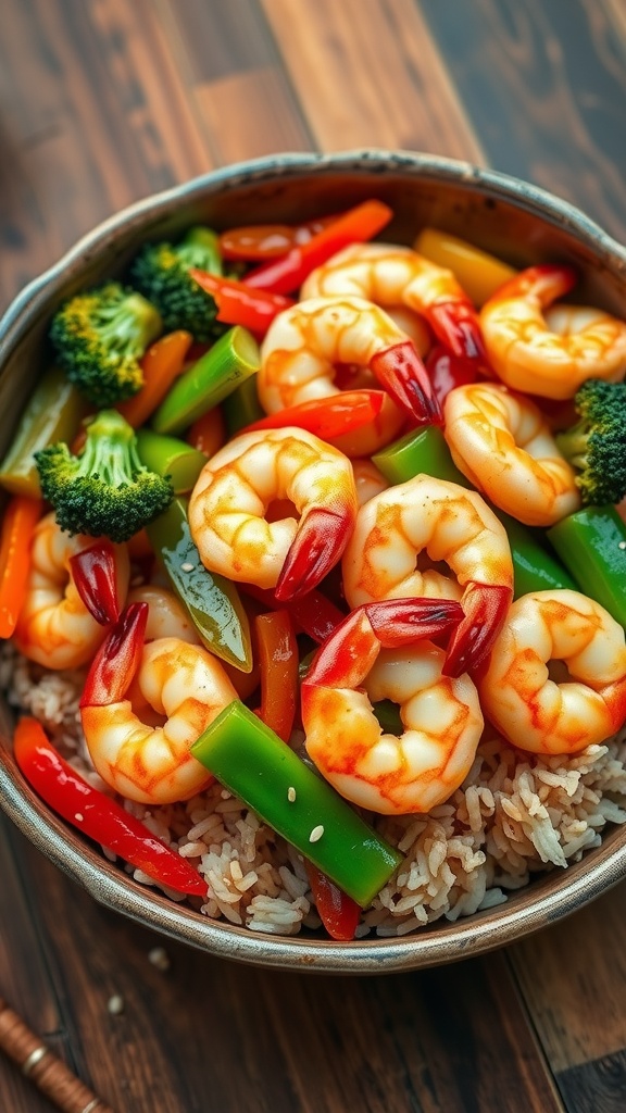 A colorful shrimp stir-fry with vegetables and brown rice in a rustic bowl.